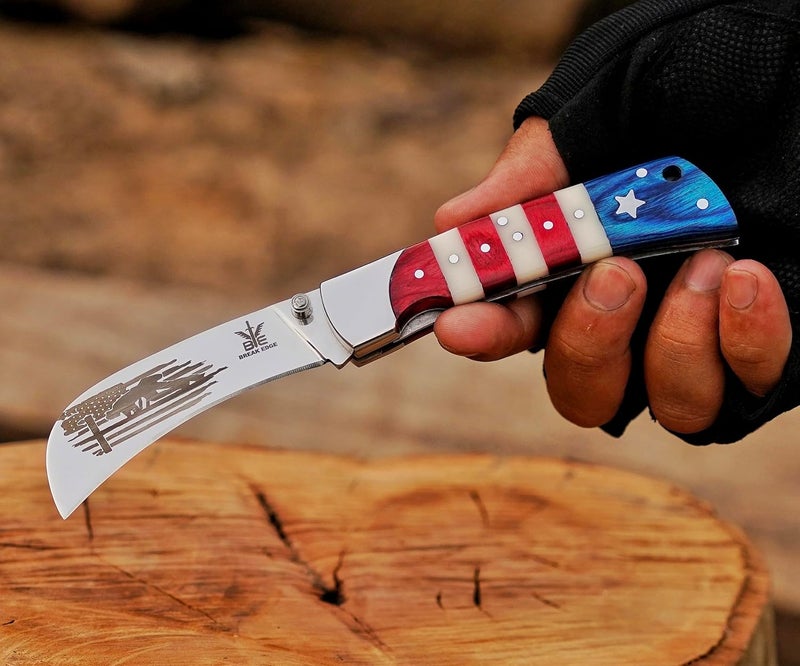 BE BREAK EDGE Hawkbill Knife,Folding Pocket Knife with Curved Blade, Lineman Tools, Stainless Steel construction. (White,Red and Blue) - Image 4